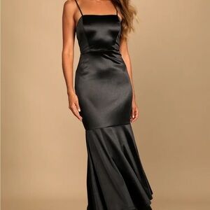 Contemporary Romance Black Satin Tiered Mermaid Maxi Dress